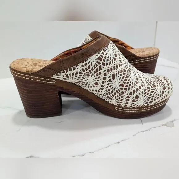 KORKS Women's Nora Clog Tan Crochet Overlay Slip On Wooden Platform Shoes 8 Boho - Picture 5 of 15